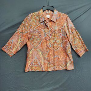 Chico’s No Iron Paisley 100% Linen Buttoned Shirt Top Size 1 (US 8)Multicolor